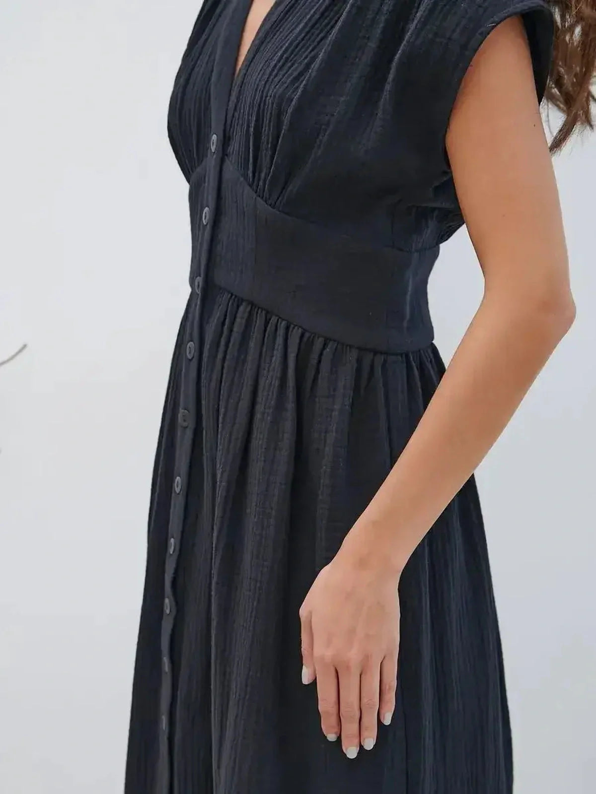 Sable Grace Midi Dress featuring a sculpted waist, V-neckline, and button details, perfect for summer and formal occasions.