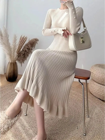 Pearl Flare Midi Dress—ribbed elegance with flared hem, perfect for wedding guest attire and summer outings.