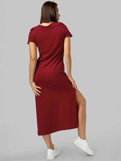 Elegant red midi dress showcasing a flattering silhouette, perfect for summer events or casual wear.