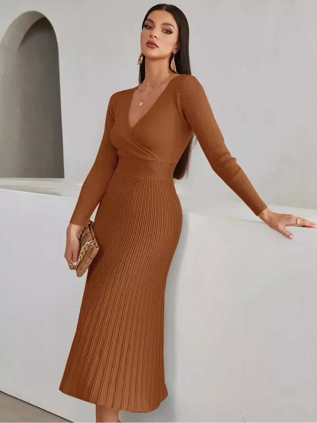 Sculpted Elegance Midi Dress in warm brown, featuring ribbed texture and flattering fit, ideal for weddings or formal events.