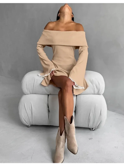 Off-shoulder Muse Mini Dress with flared sleeves, showcasing feminine flair and elegance, perfect for summer and formal occasions.