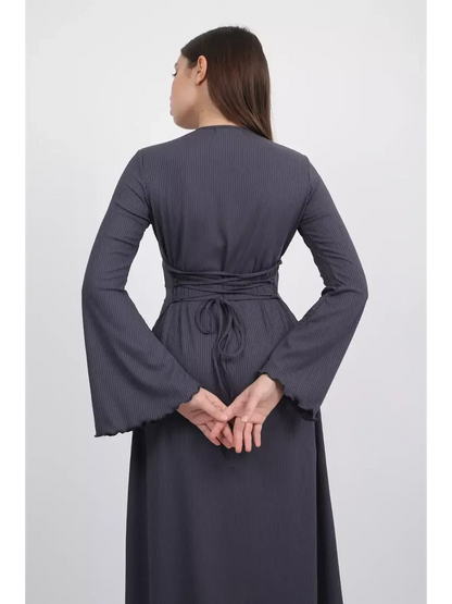 Back view of the Twilight Curve Midi Dress featuring flared sleeves and a tie waist in charcoal grey.