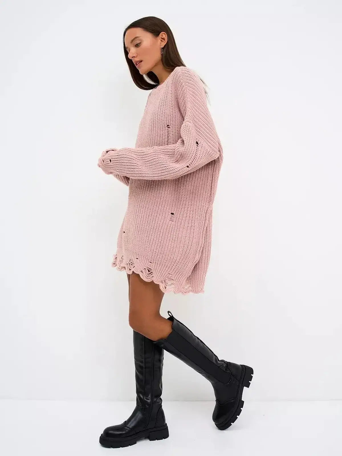Blush Edge Mini dusty pink oversized sweater dress with distressed design and long sleeves, perfect for casual wear.