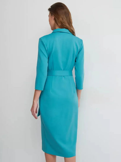 Back view of a turquoise Elegance Wrap Midi Dress featuring a belted waist and tailored silhouette.