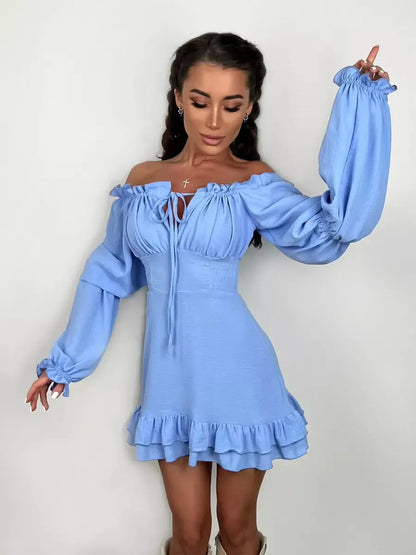 Sky-blue boho frill mini dress featuring off-shoulder neckline, romantic ruffle detail, perfect for summer weddings and parties.