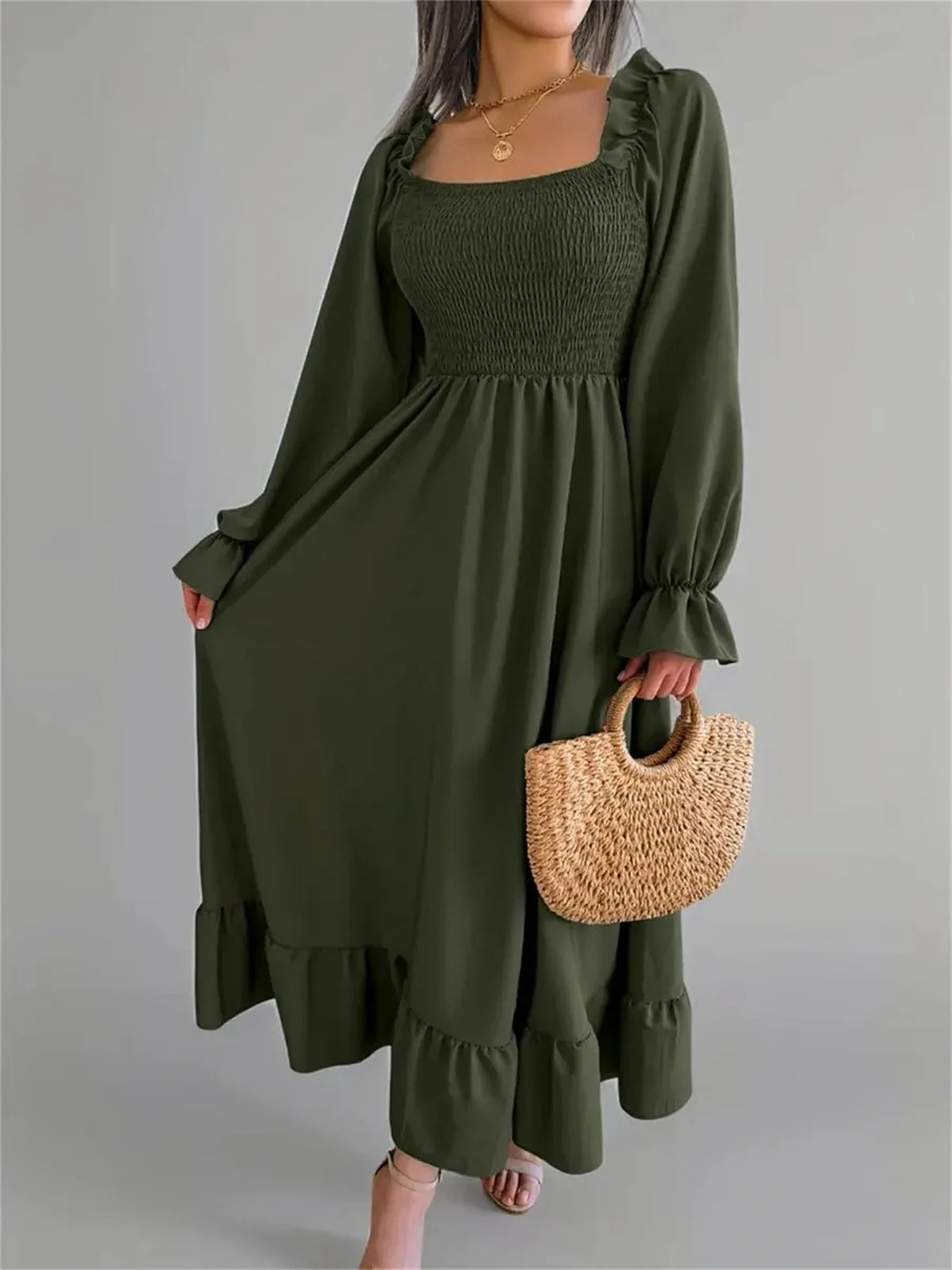 Elegant Ruffle Charm Midi Dress in olive green with smocked bodice, perfect for weddings, casual outings, or summer events.