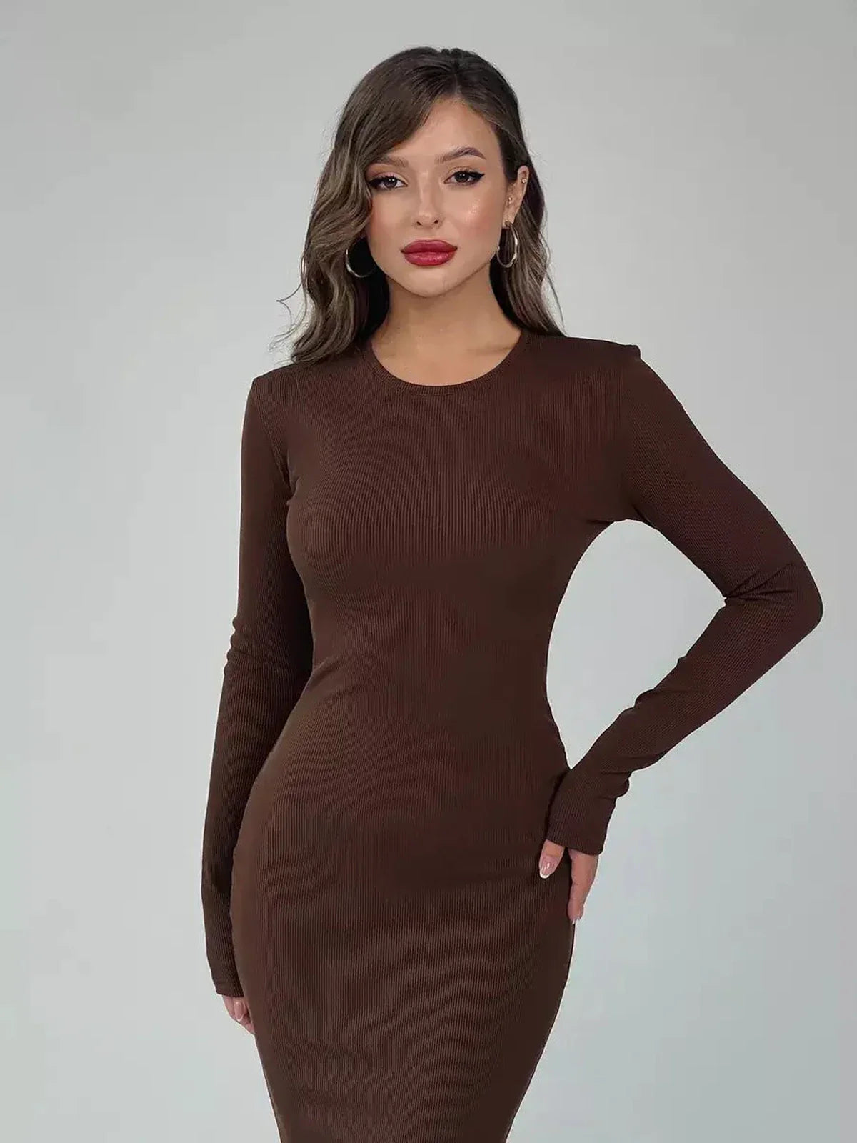 Sculpted Aura Maxi Dress in brown, featuring a breathable fit and elegant silhouette, perfect for formal or casual wear.