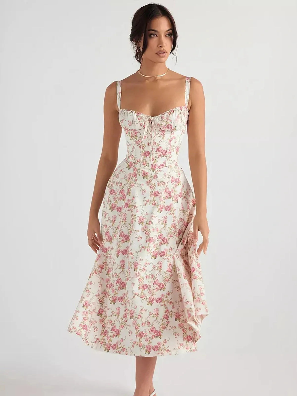 Rose Garden Midi Dress featuring floral patterns, sweetheart neckline, and A-line skirt, perfect for summer and special occasions.