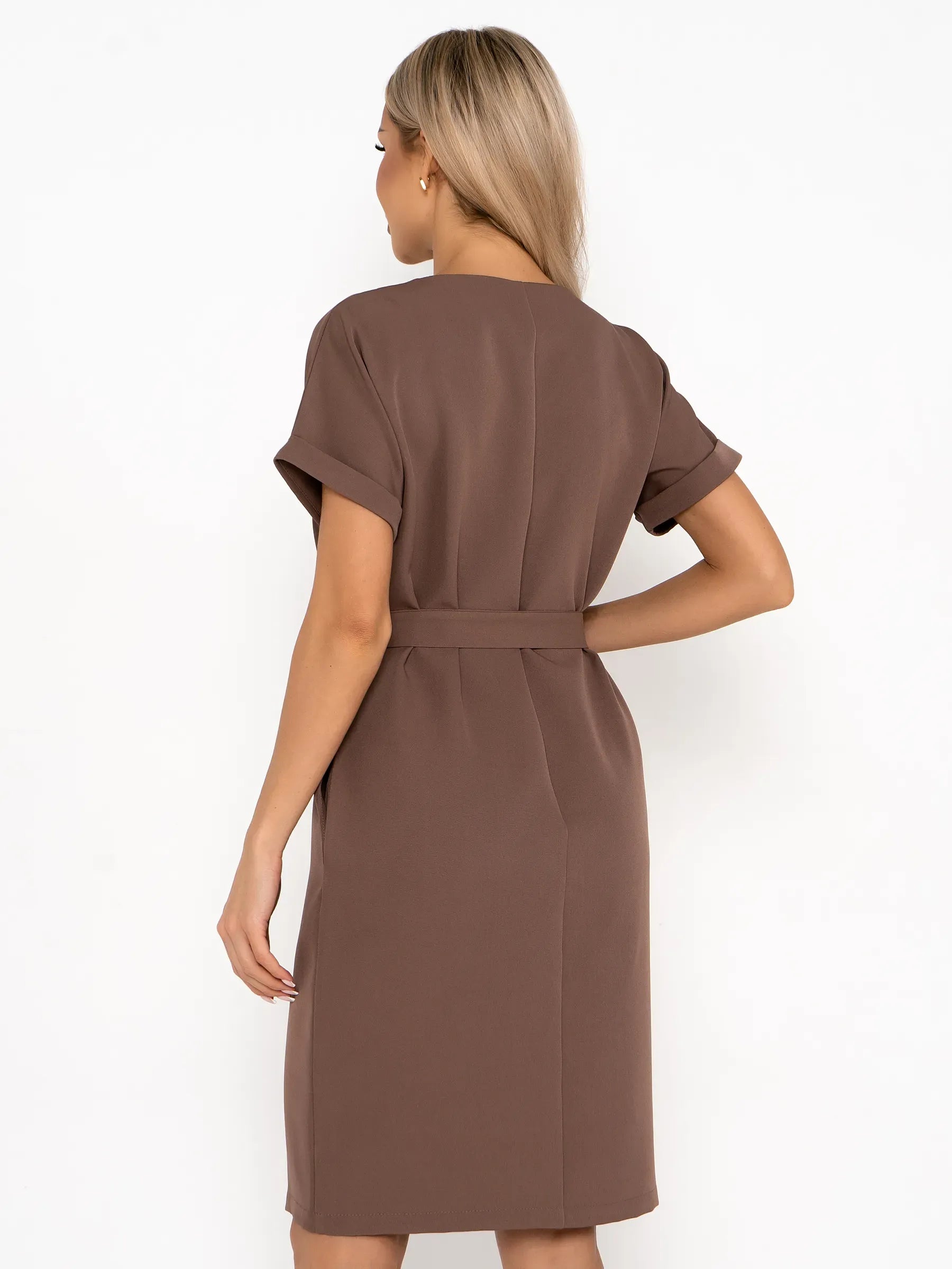 Mocha Frame mini dress featuring a belted waist and short sleeves, perfect for summer weddings and formal occasions.