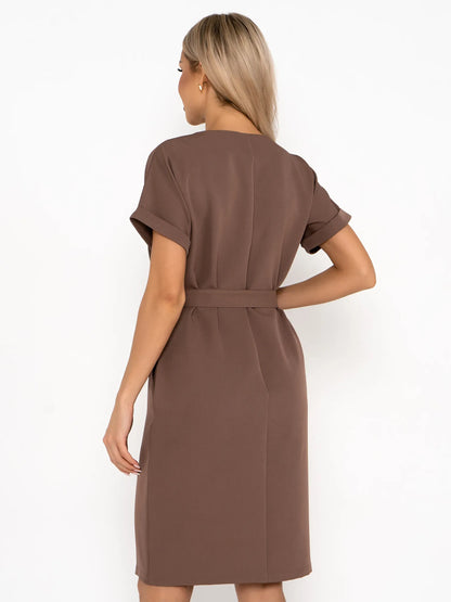 Mocha Frame mini dress featuring a belted waist and short sleeves, perfect for summer weddings and formal occasions.