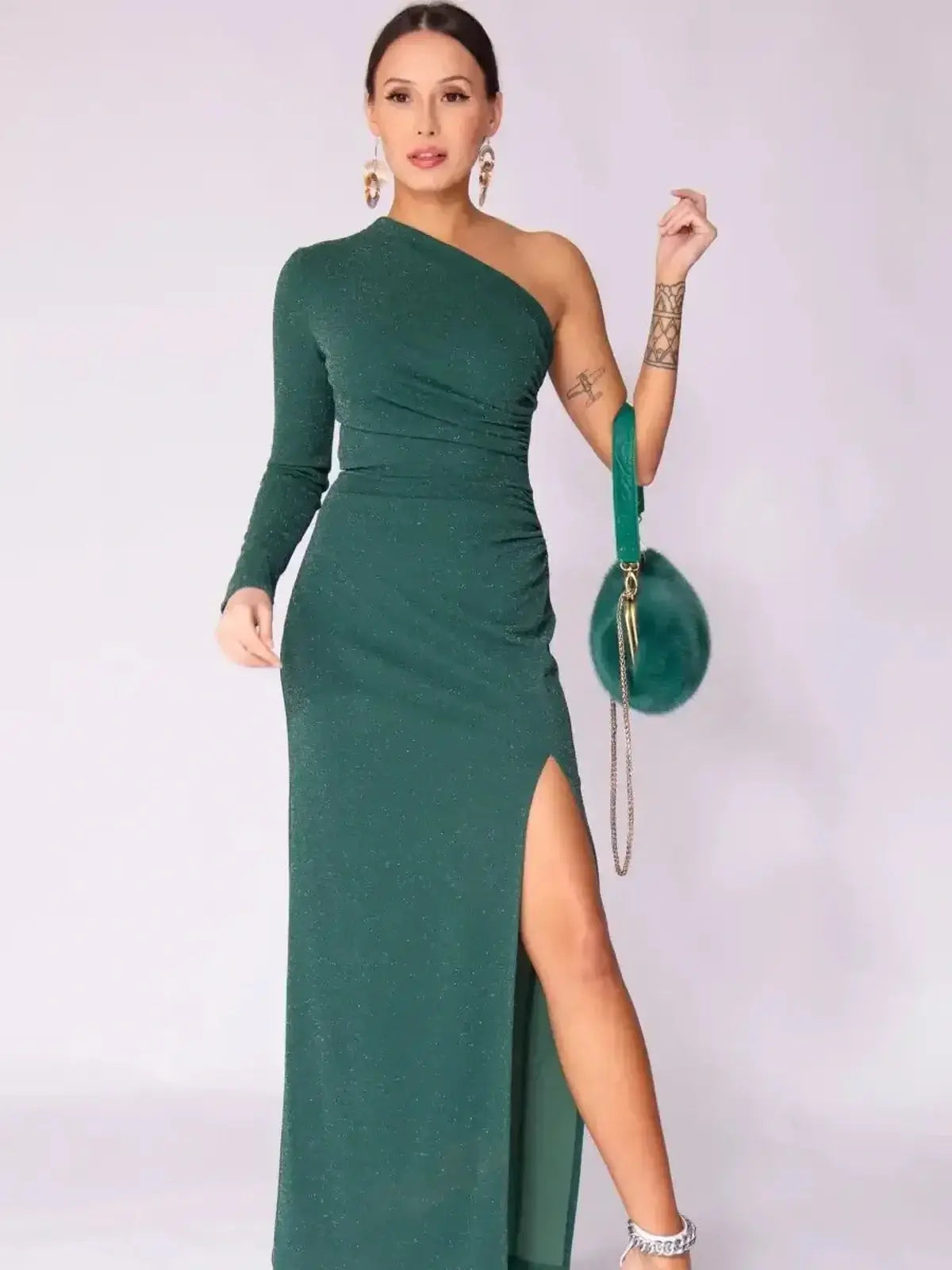 Emerald Spark Maxi Dress with one-shoulder design and side slit, perfect for weddings, proms, and formal events.