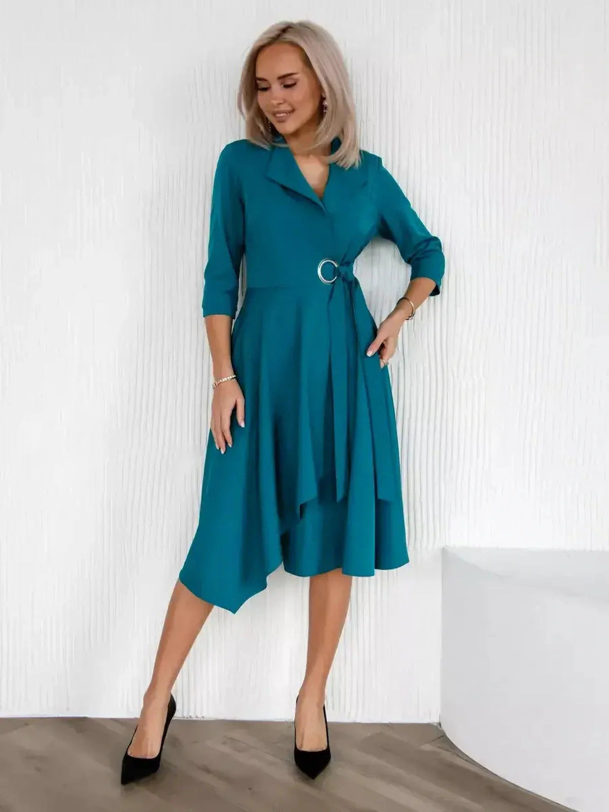 Elegant Sea Grace Midi Dress in sea wave teal, featuring a tailored wrap style and A-line skirt for modern femininity.