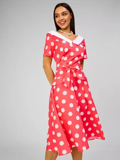 Sailor Chic Midi Dress in pink with polka dots and a white collar, perfect for summer wedding or cocktail events.