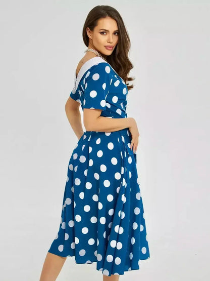 Pearl Dot Midi Dress in dark teal with oversized white polka dots and white collar, perfect for summer or wedding guest occasions.