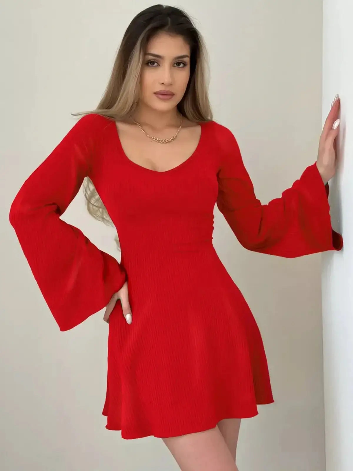 Luna Flare Mini Dress in vibrant red with flared sleeves, perfect for summer parties and special occasions.
