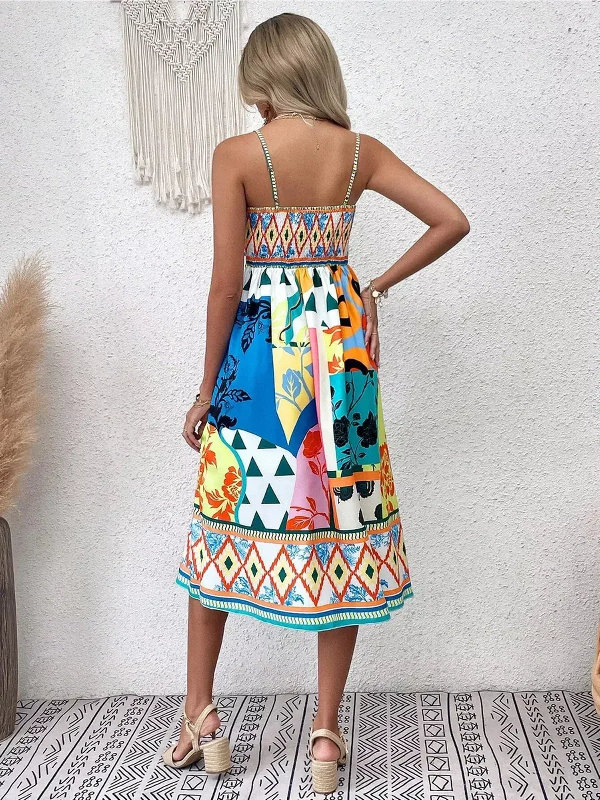 Colorful Festival Bloom Midi Dress showcasing a vibrant patchwork design, perfect for summer and special occasions.