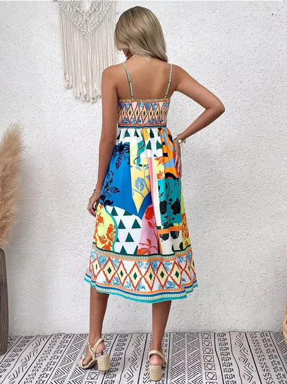 Colorful Festival Bloom Midi Dress showcasing a vibrant patchwork design, perfect for summer and special occasions.