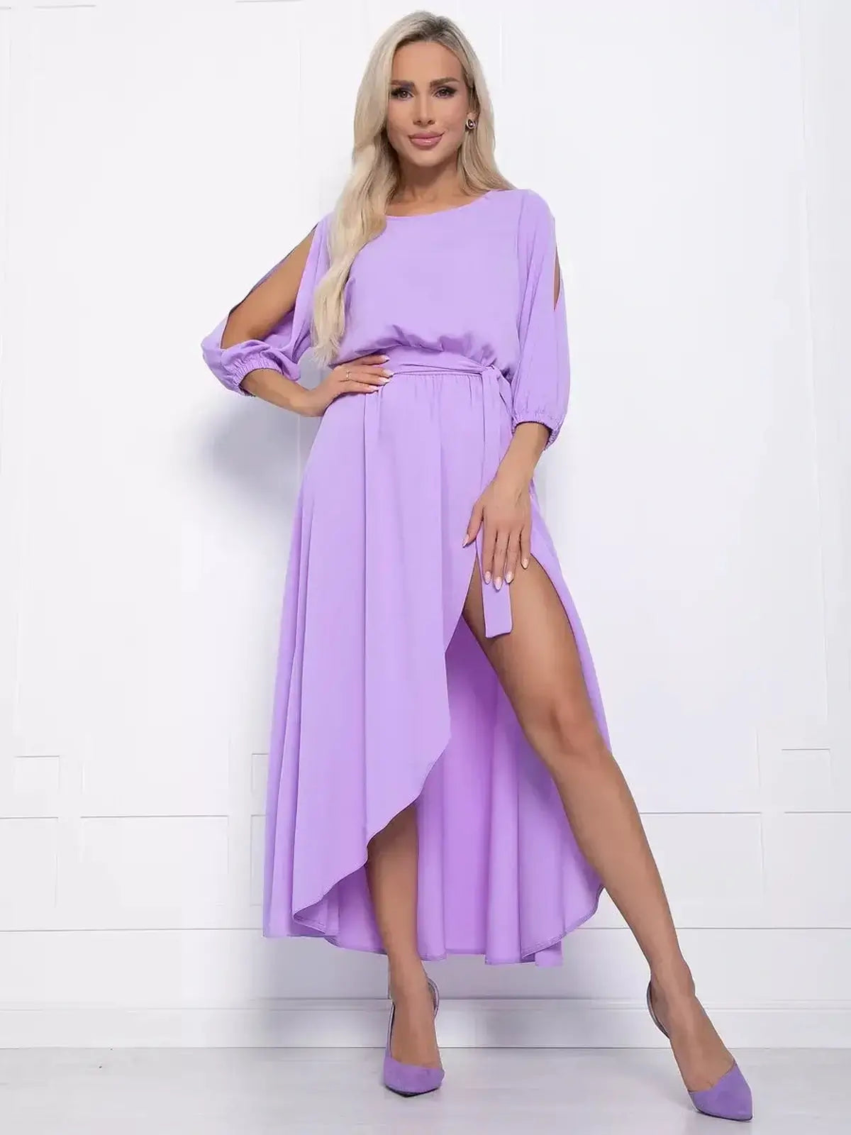 Lilac Glow Midi Dress with shoulder cutouts and high-low hem, perfect for summer soirées and wedding guest attire.