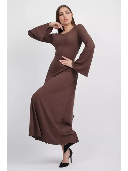Sculpted Grace Midi Dress in coffee ribbed knit with flared sleeves and elegant U-neckline, perfect for weddings or formal events.