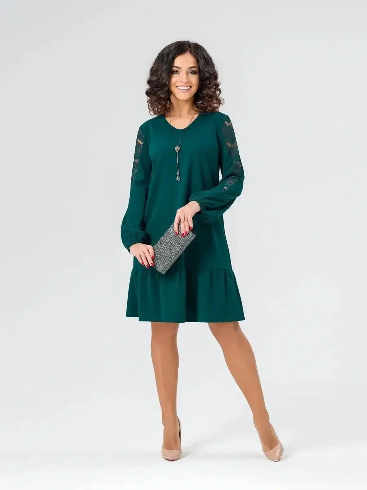 Elegant green mini dress with lace sleeves, perfect for weddings, proms, and summer events. Flattering fit for all body types.