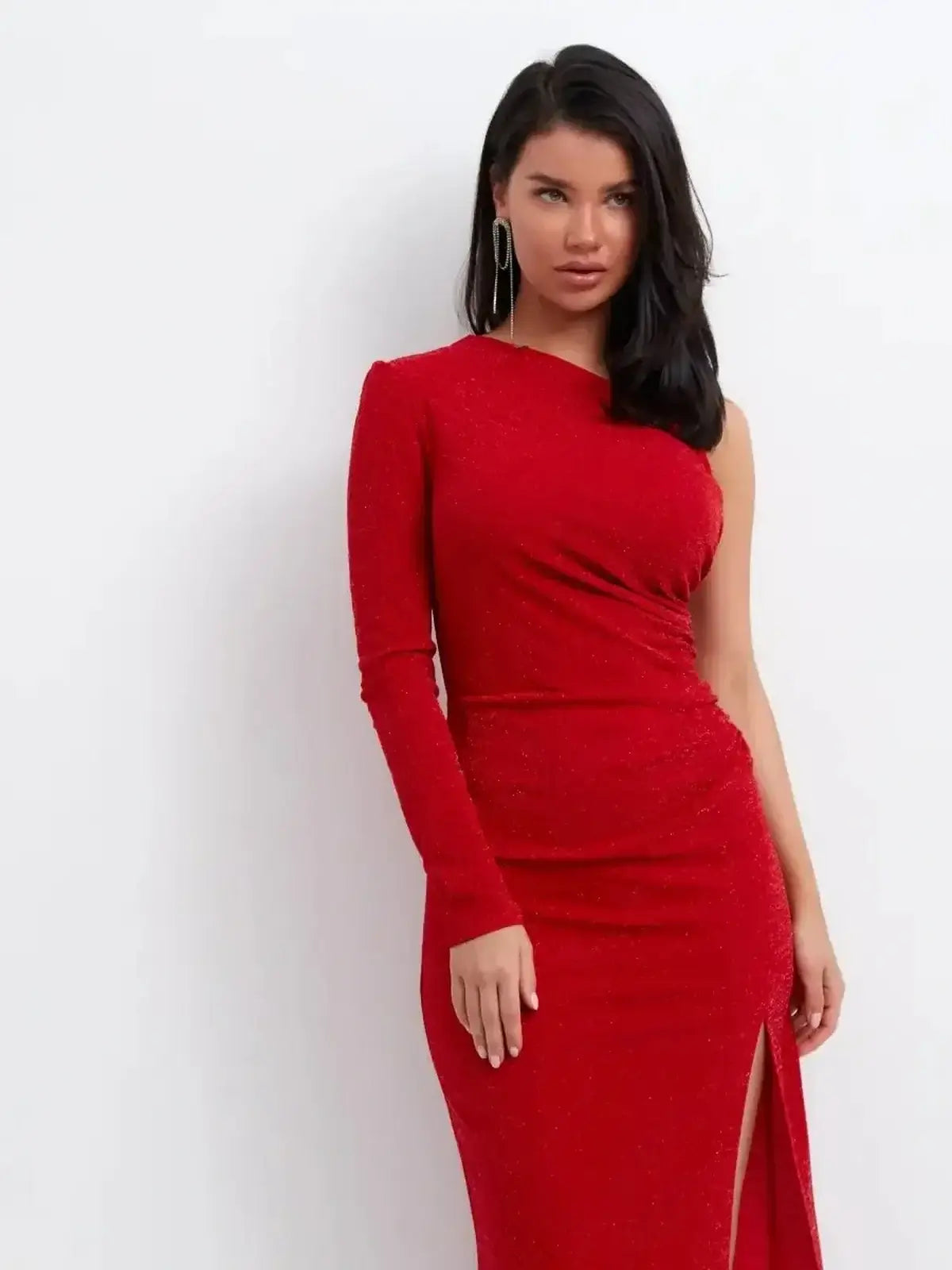 Radiant red one-shoulder maxi dress with thigh-high slit, perfect for weddings and elegant events.