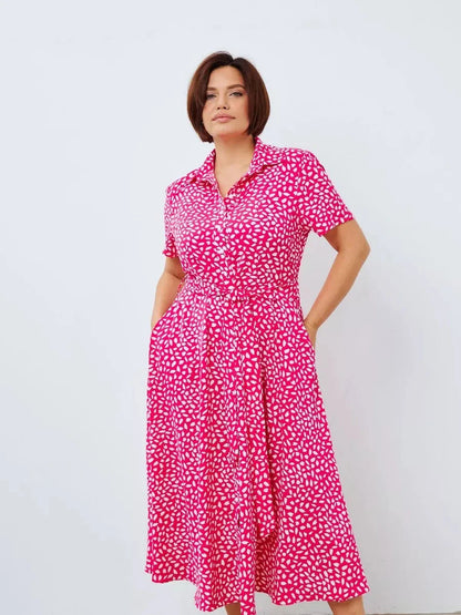 Petal Pop Midi Dress in vibrant fuchsia with abstract white petals, ideal for summer, weddings, and casual outings.