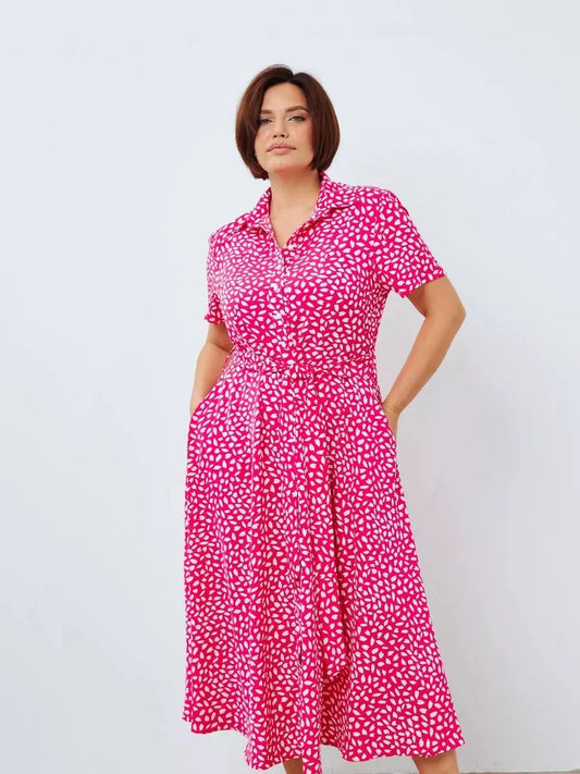 Petal Pop Midi Dress in vibrant fuchsia with abstract white petals, ideal for summer, weddings, and casual outings.
