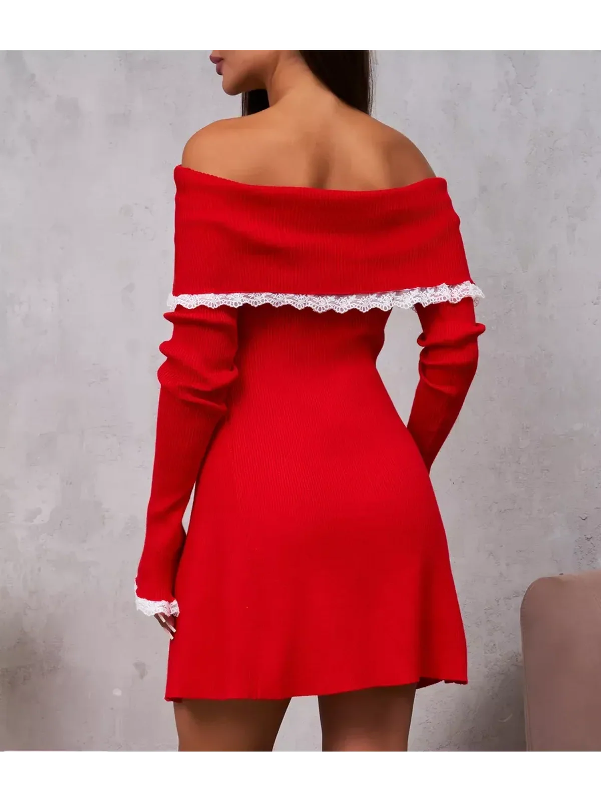 Off-shoulder red lace charm mini dress with long sleeves, ideal for weddings, parties, and formal occasions.