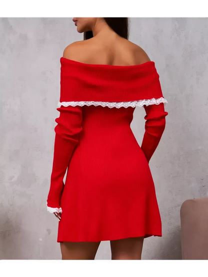 Off-shoulder red lace charm mini dress with long sleeves, ideal for weddings, parties, and formal occasions.