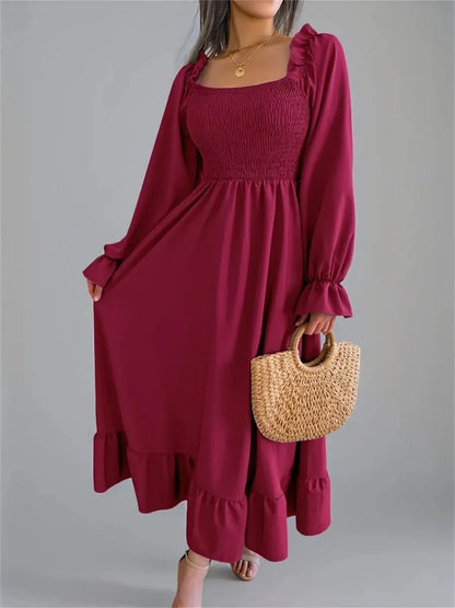 Velina Midi Dress in burgundy with square neckline, ruffled hemline, and long sleeves, ideal for weddings and casual events.