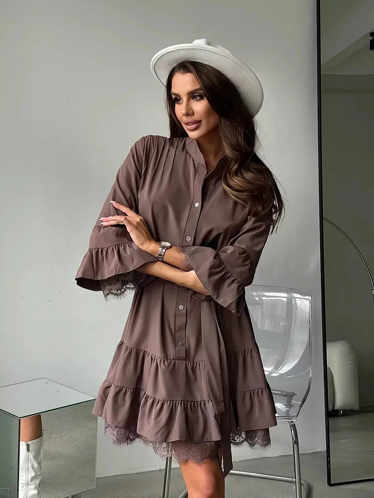 Chocolate brown lace trim mini dress with tiered ruffles, perfect for weddings or summer events.