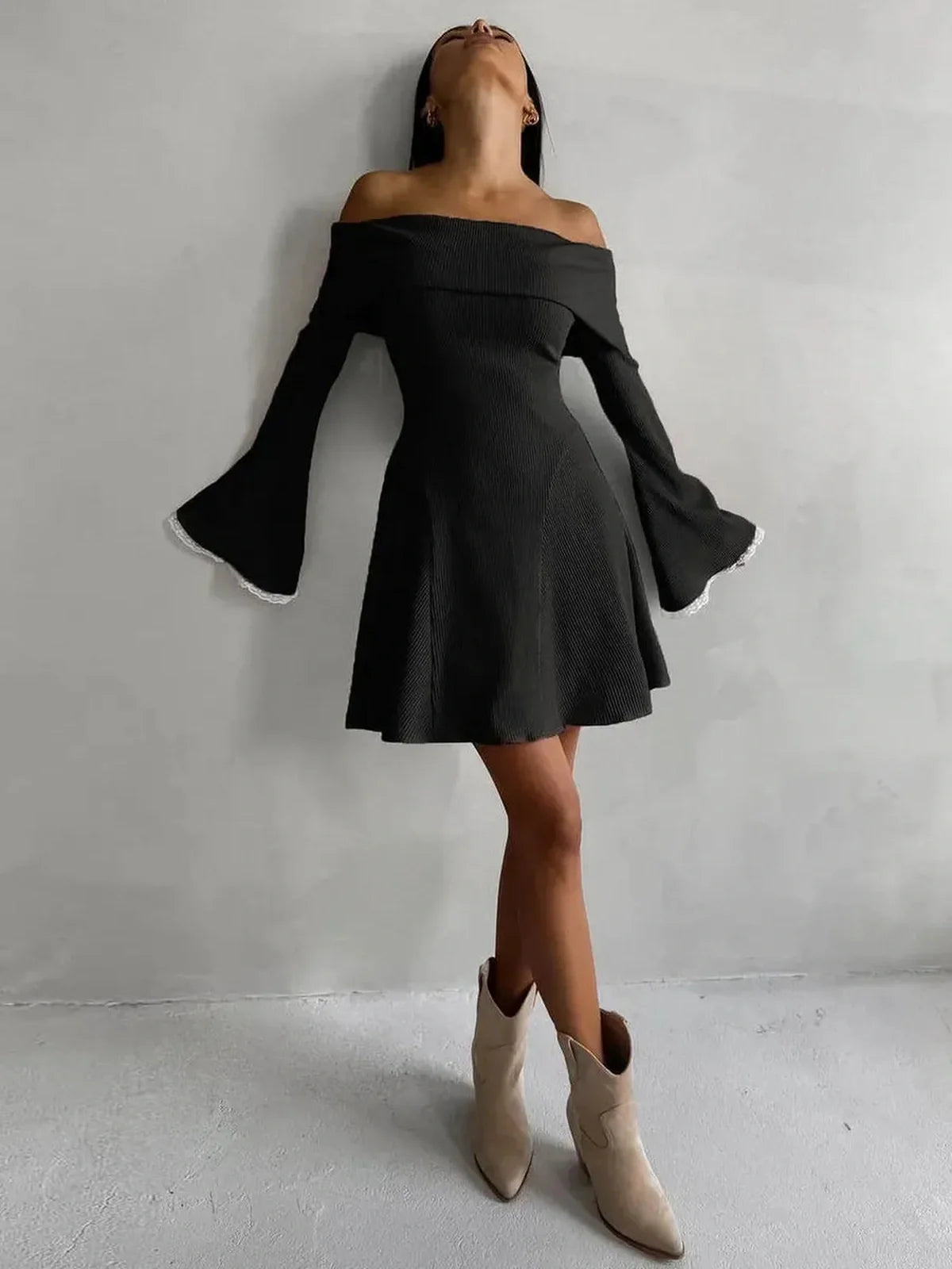 Velvet Bell Mini Dress with flared sleeves in black, off-shoulder style, perfect for summer parties and weddings.