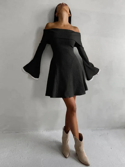 Velvet Bell Mini Dress with flared sleeves in black, off-shoulder style, perfect for summer parties and weddings.