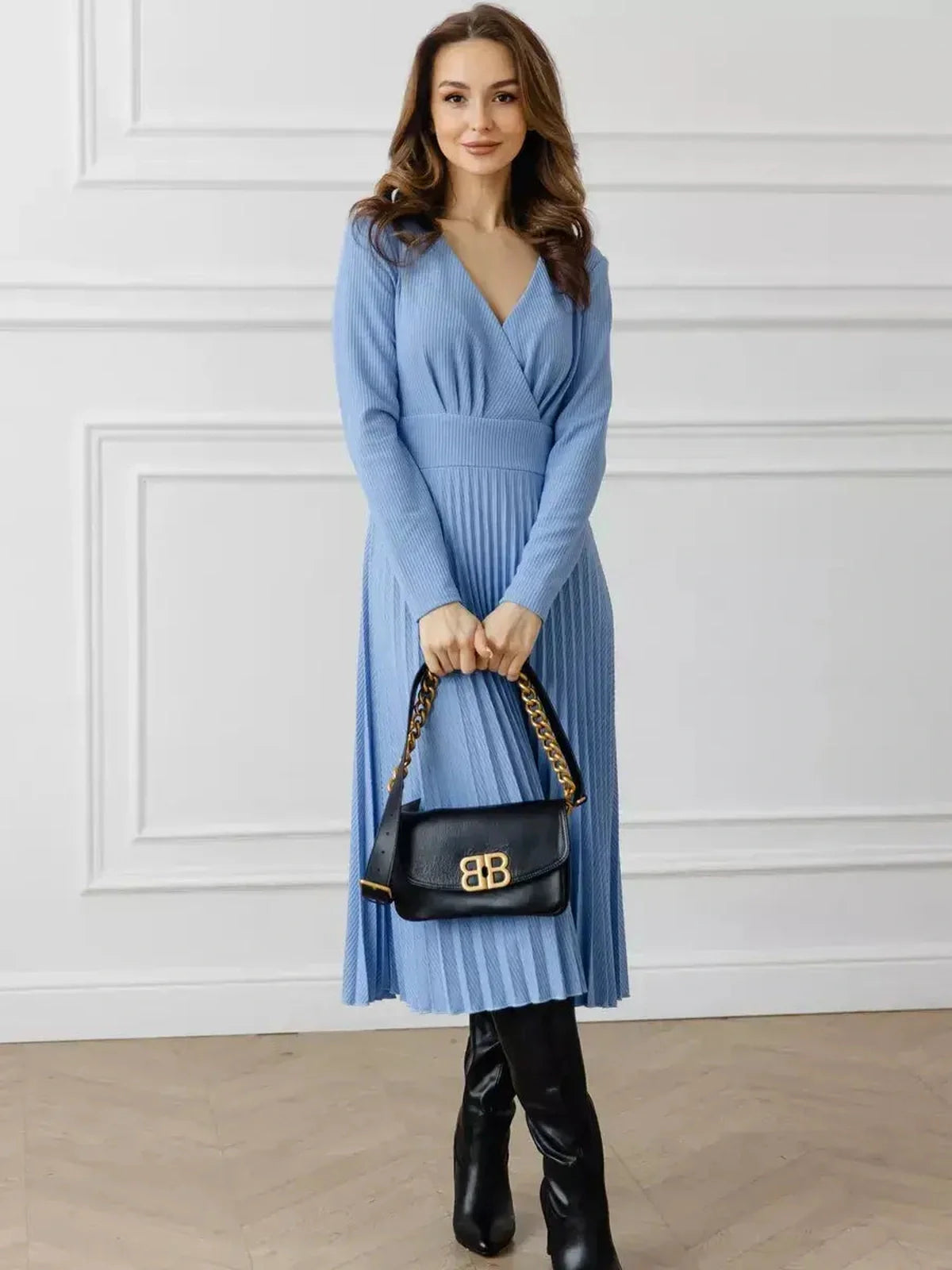 Celeste Midi Dress in sky-blue, featuring elegant pleats and a V-neckline, perfect for weddings or formal occasions.