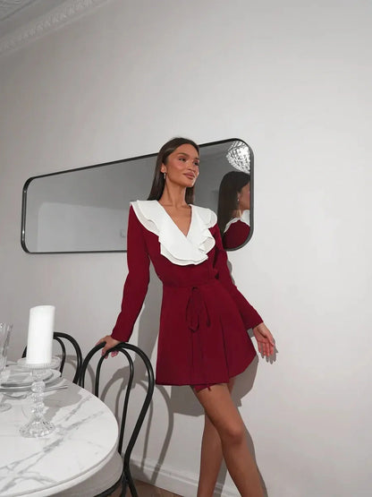 Ruffle Collar Mini Dress in burgundy with white ruffle neckline, perfect for summer weddings and special occasions.