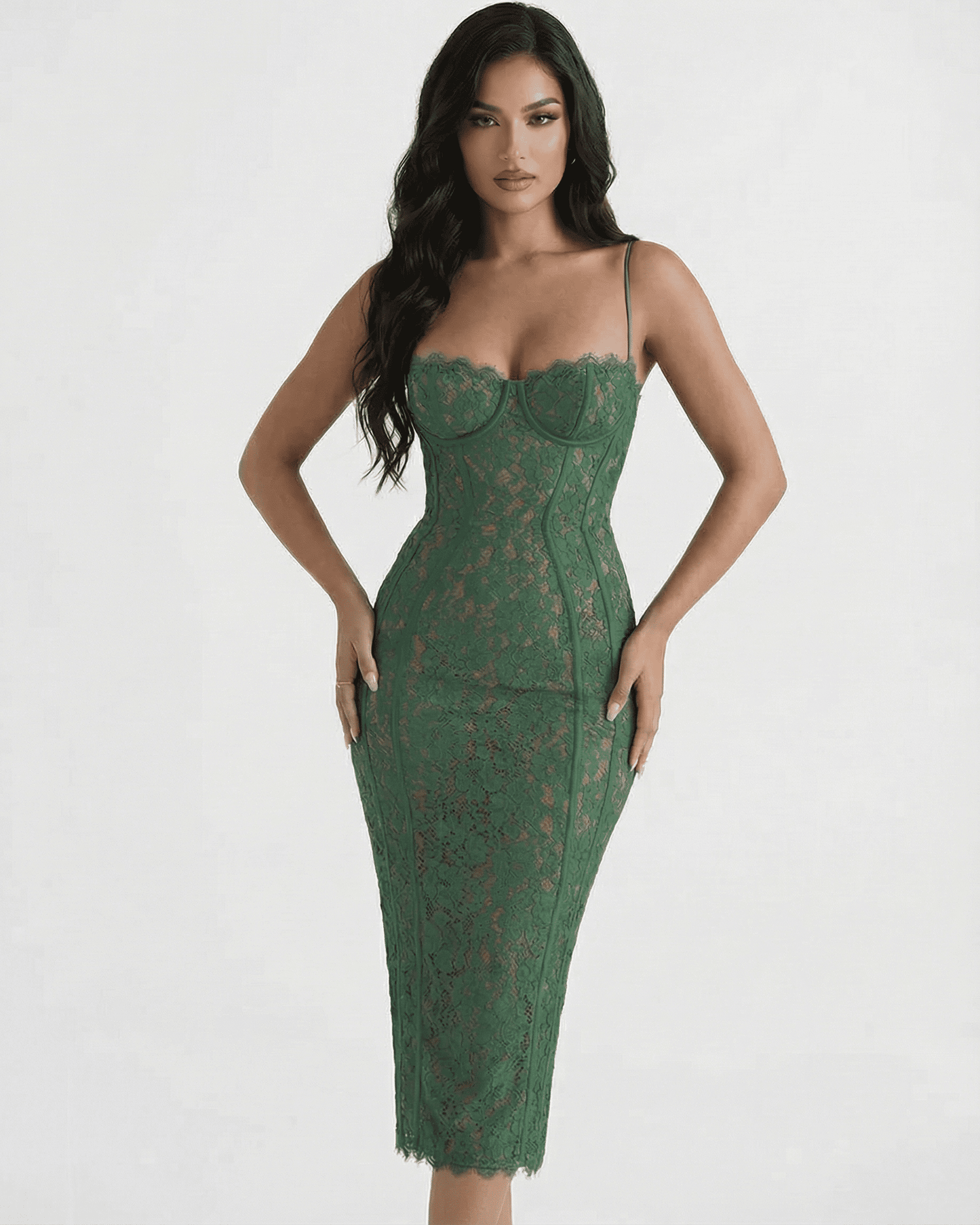 Siena Midi Dress by Slimona - Elegant green lace sheath with high waist design, perfect for stylish occasions.