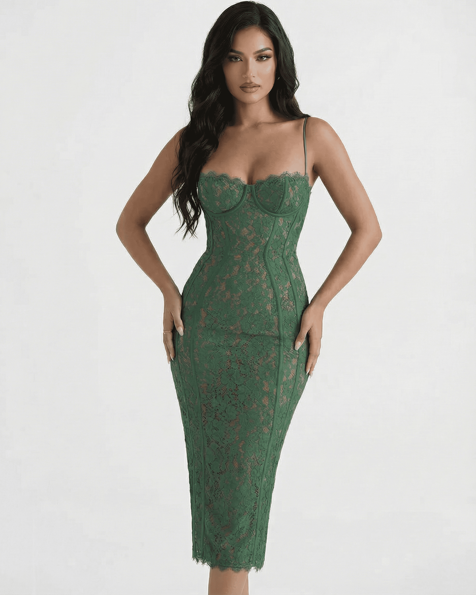 Siena Midi Dress by Slimona - Elegant green lace sheath with high waist design, perfect for stylish occasions.
