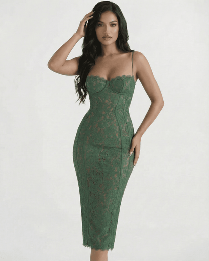 Siena Midi Dress by Slimona, elegant green lace sheath with high waist silhouette, perfect for elevated occasions.