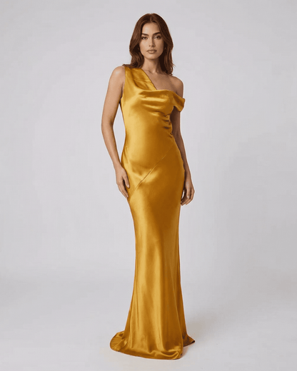 Aurelia Maxi Dress by Slimona - Satin gold maxi dress with high waist and open back, showcasing a sleek silhouette.