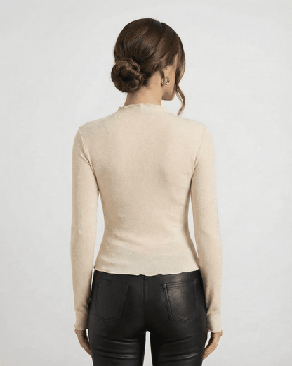 Alba Blouse by Slimona, back view of long sleeve sequin blouse with round neck in soft fabric.
