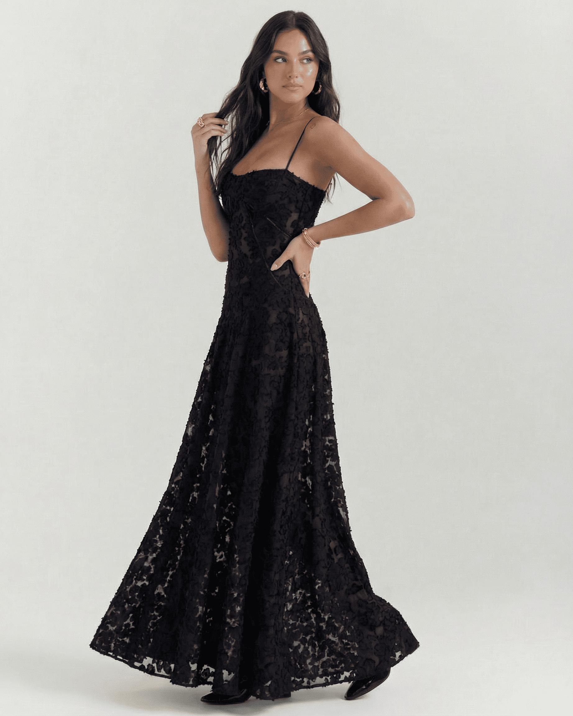 Nerina Maxi Dress by Slimona in black floral lace with elegant back detail, showcasing timeless elegance and romantic allure.