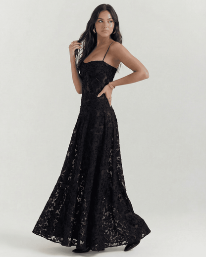Nerina Maxi Dress by Slimona in black floral lace with elegant back detail, showcasing timeless elegance and romantic allure.