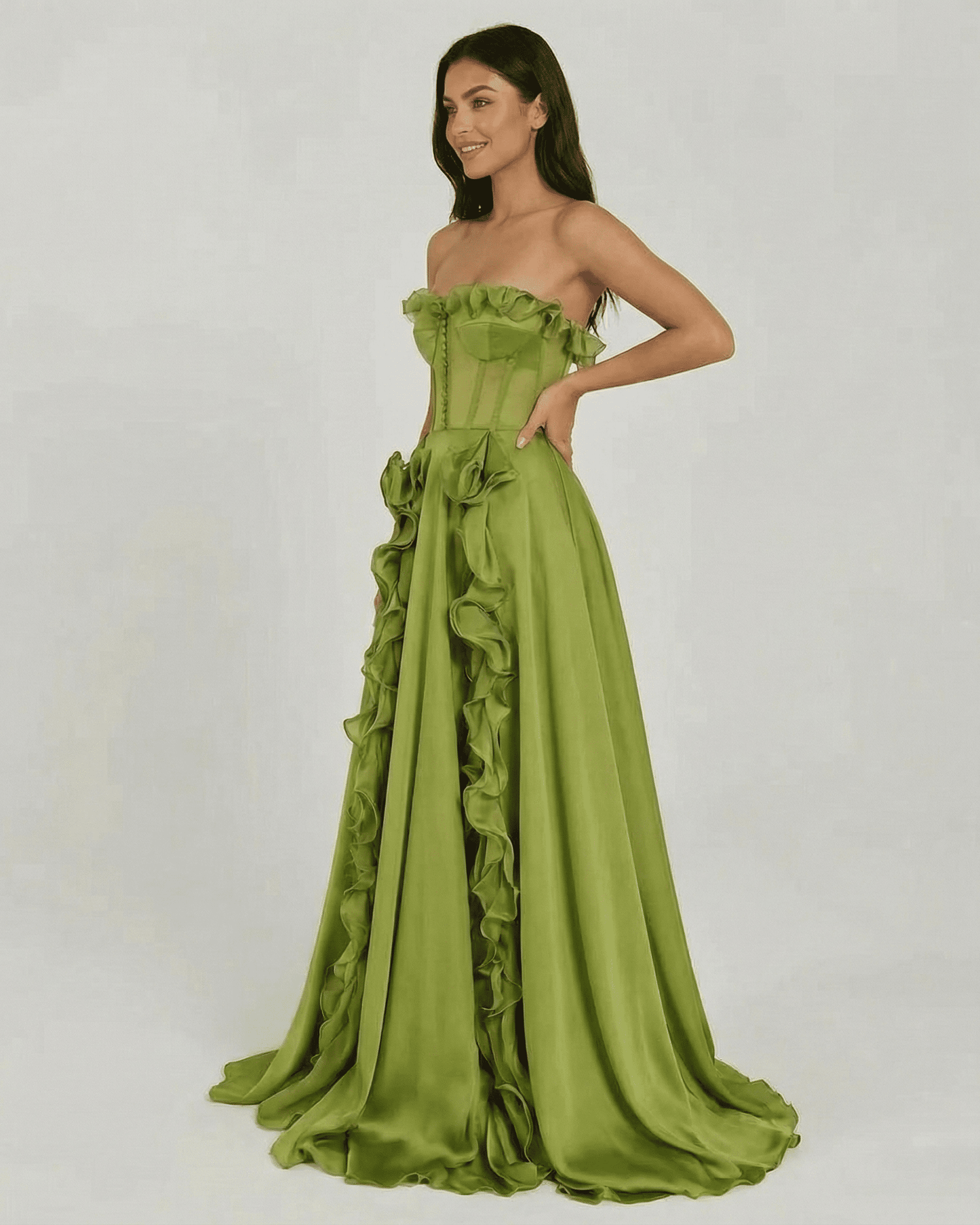 Verdessa Maxi Dress by Slimona, elegant strapless green dress featuring ruffle detail and a flowing silhouette.