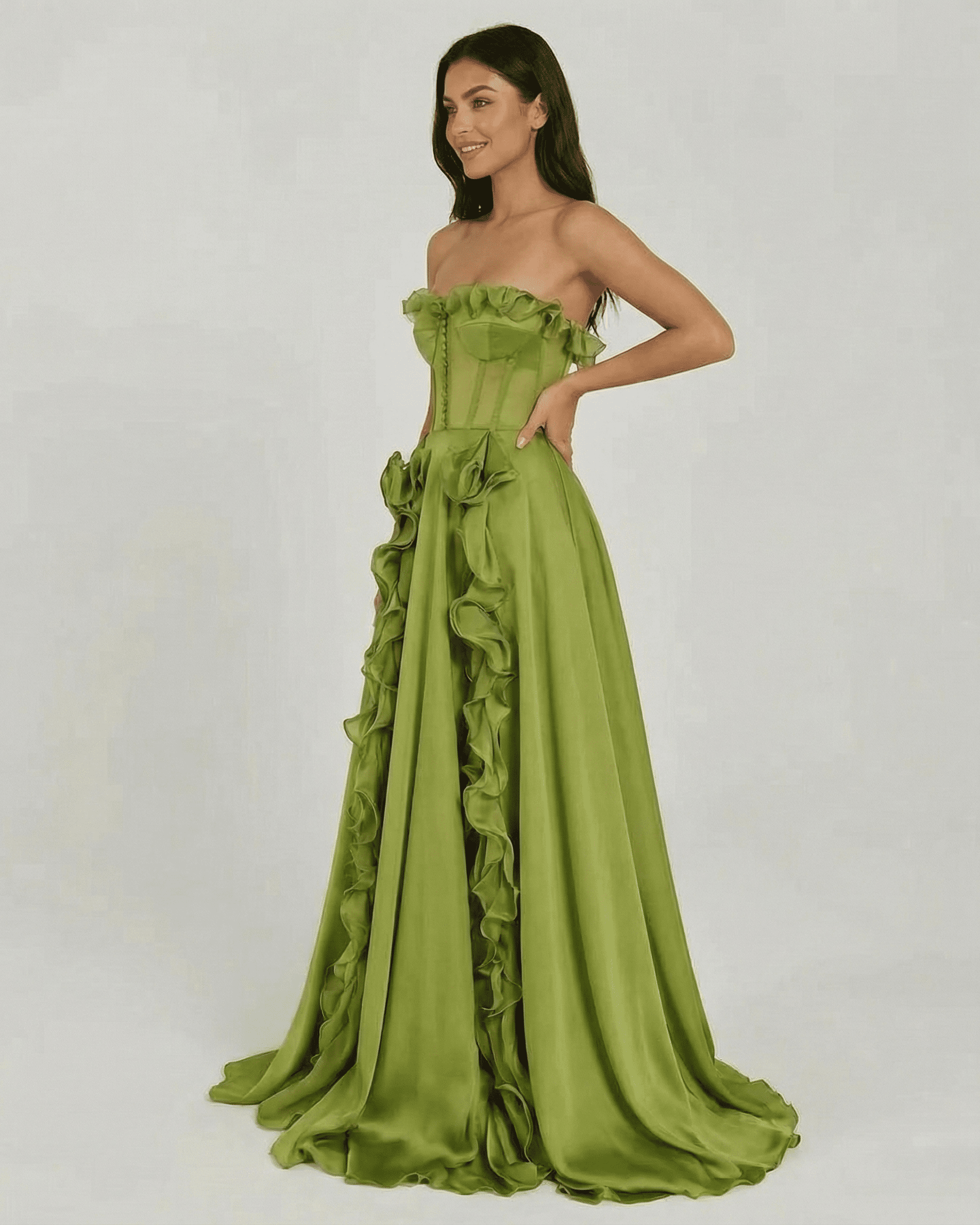 Verdessa Maxi Dress by Slimona, elegant strapless green dress featuring ruffle detail and a flowing silhouette.