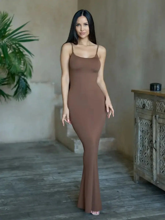 Cocoa Curve Maxi Dress in warm chocolate hue, showcasing a fitted design, perfect for summer or autumn occasions.