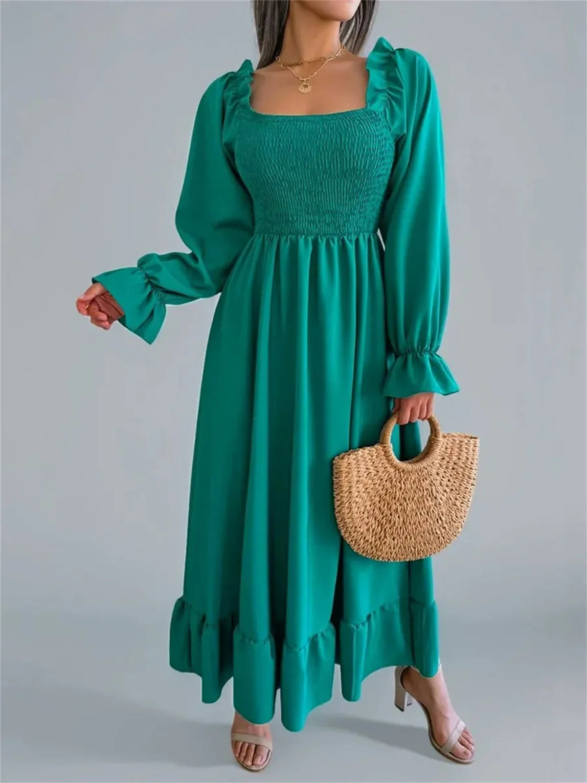 Elegant Meadow Ruffle Midi Dress in green with square neckline and ruffled sleeves, perfect for weddings and casual occasions.