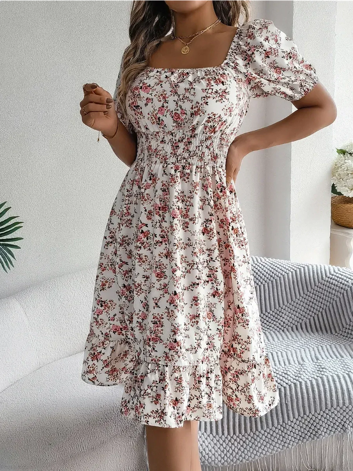 Rosalie Bloom floral mini dress with square neckline and puff sleeves, perfect for summer, weddings, and special occasions.