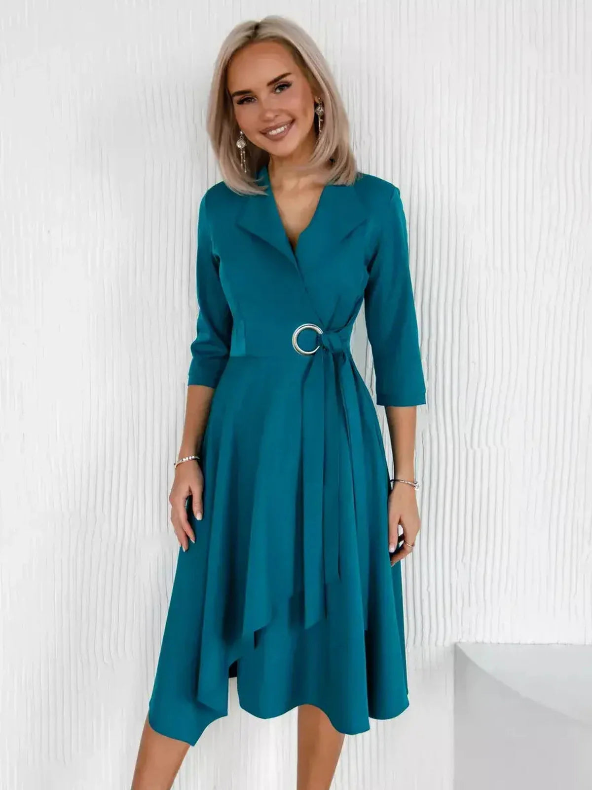 Sea Grace Midi Dress in sea wave teal, tailored wrap style, ideal for weddings, parties, or casual summer outings.