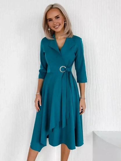 Sea Grace Midi Dress in sea wave teal, tailored wrap style, ideal for weddings, parties, or casual summer outings.