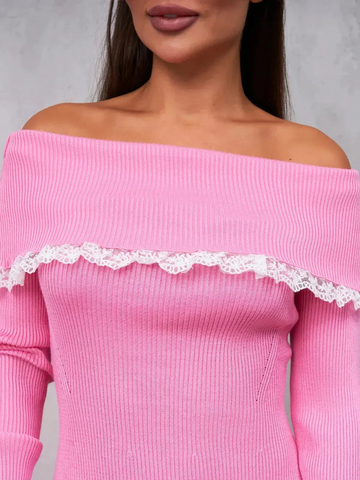 Pink off-shoulder Lace Bardot mini dress featuring delicate white lace trim, perfect for summer parties and events.